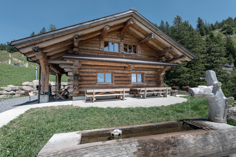 Ansicht mit Terrasse Blockhaus Rigi